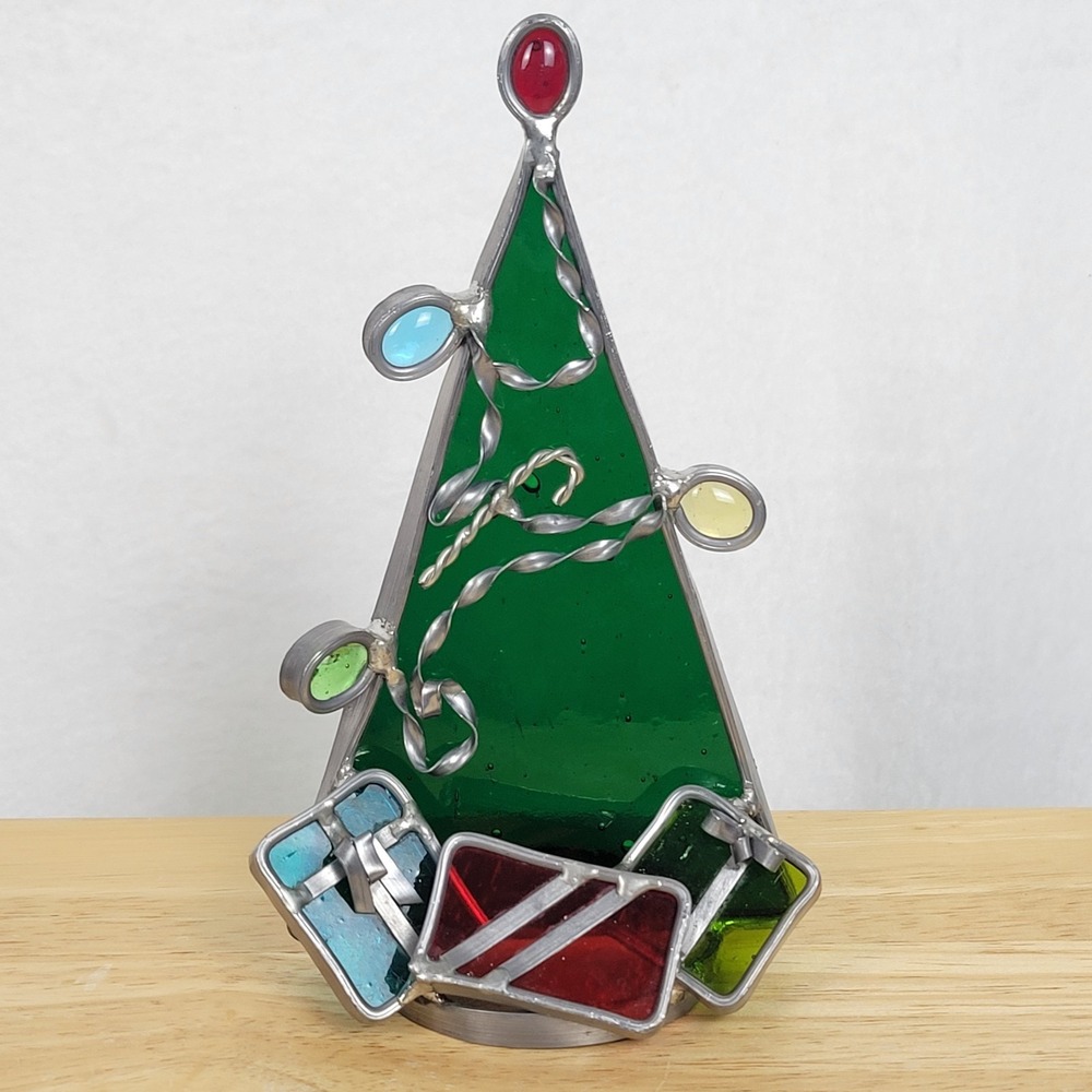Stained Glass Christmas Tree Candle Holder Suncatcher Handcrafted 6" Holiday